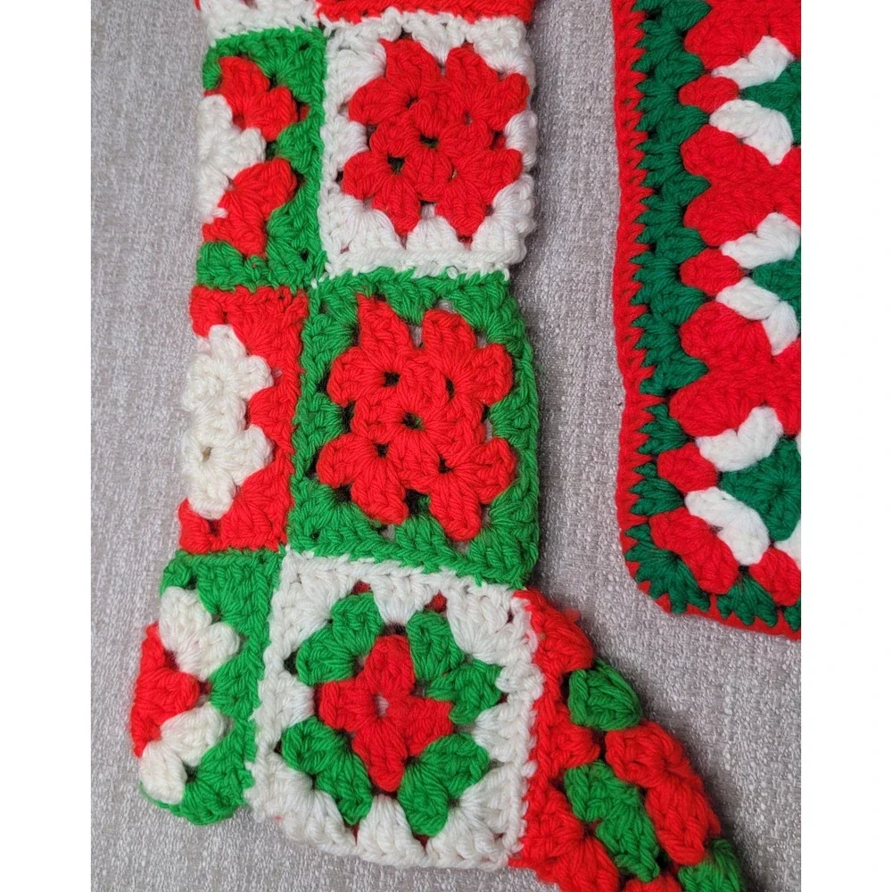 3 Vintage Hand Made Christmas Stockings Red Green White Granny‎ Square Crochet
